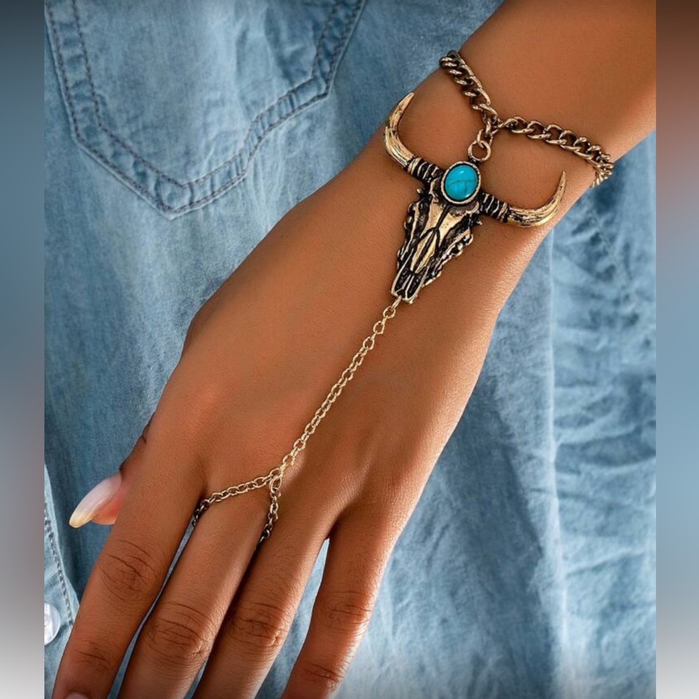 Turquoise and Gold Bull Skull Hand Chain Bracelet
